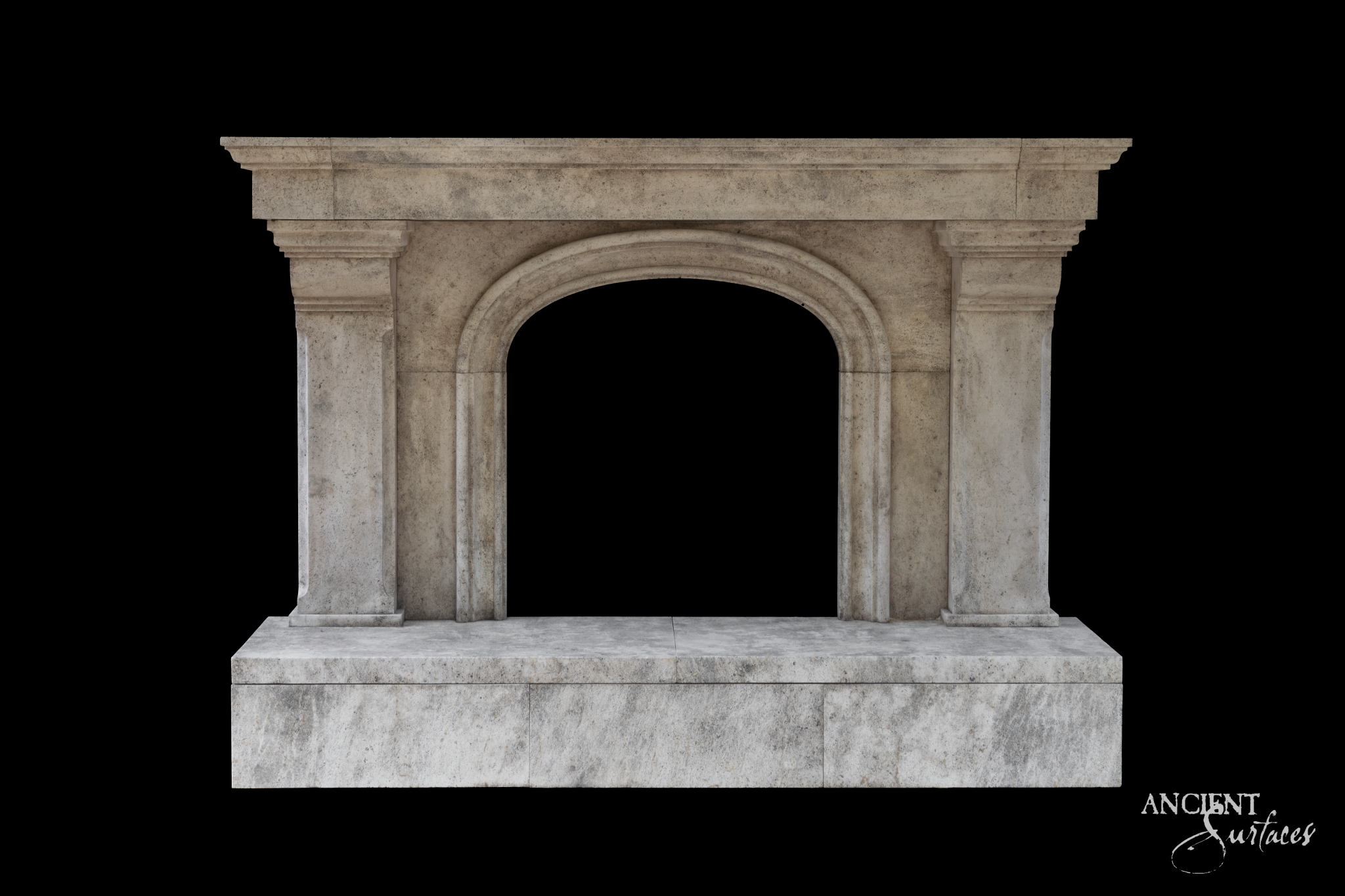 Uncarved reclaimed limestone fireplace mantel with a stepped cornice shelf and a wide molded round arch standing on a deep raised ashlar stone hearth